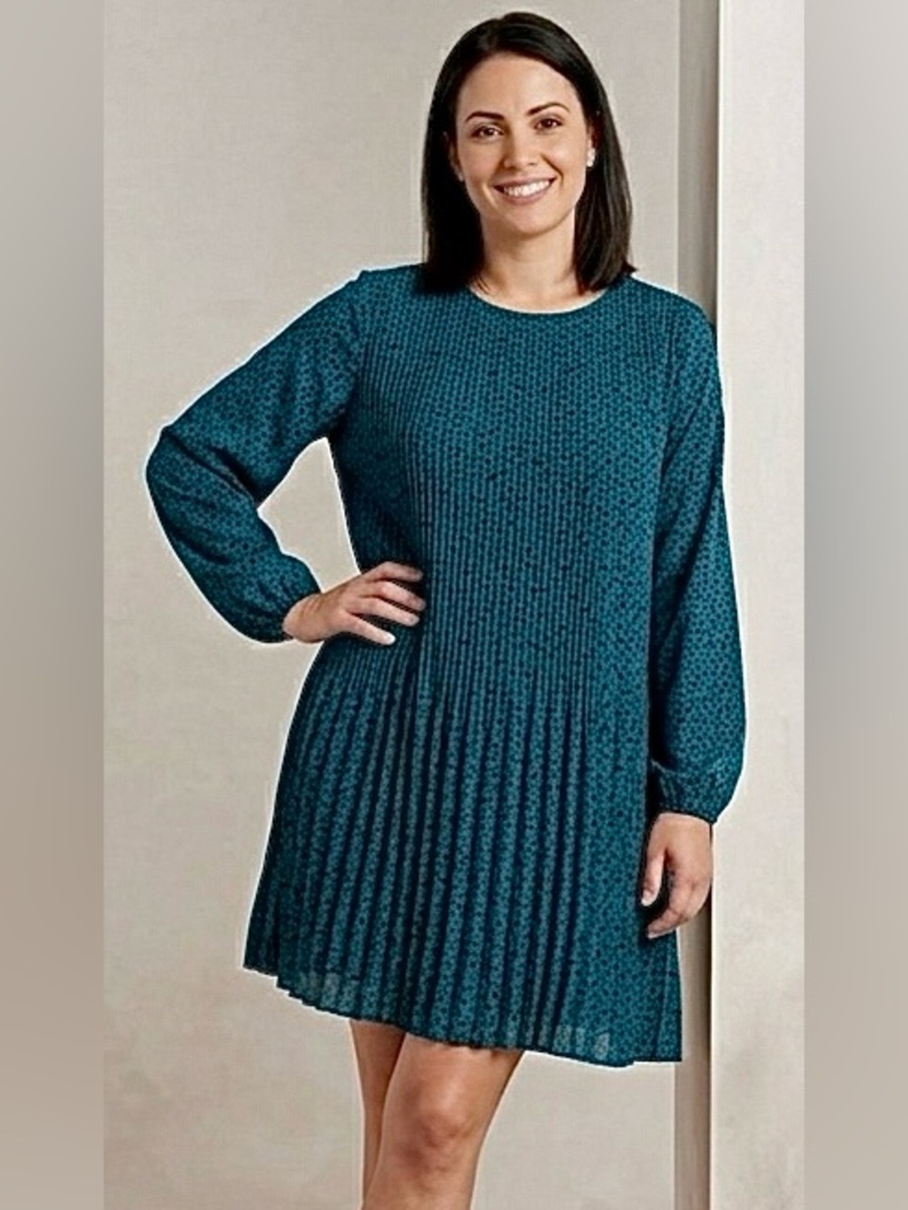 Ophelia Roe Teal Pleated Long-Sleeve Mini Dress